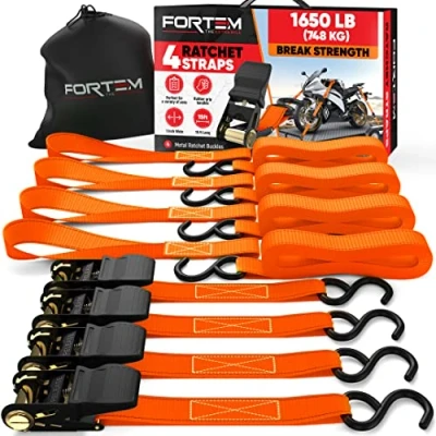 Abbildung von FORTEM Spanngurte, 748 kg Bruchfestigkeit, 4 x 4,57 m Spanngurte mit Ratsche Weiche Zurrschlaufen, Zurrgurte Haken aus Beschichtetem Metall Gummigriffe Tasche (Orange)