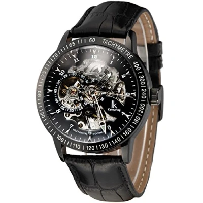 Abbildung von Alienwork IK Automatikuhr Armbanduhr Herren Damen Schwarz Lederarmband Skelett Glasboden