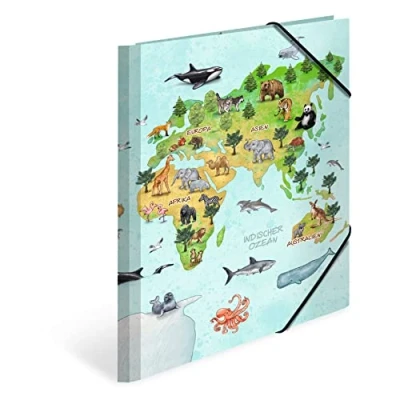 Abbildung von HERMA Sammelmappen A4 Weltkarte Set, 3 Stück, Eckspanner Mappen aus Pappe mit Kindergarten Motiv, Gummizug, Innenklappen und Innendruck für Jungen, Mädchen Kinder