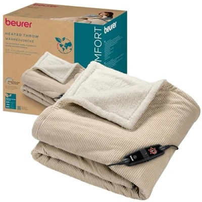 Abbildung von Beurer HD 80 Cord beige, elektrische Wärmedecke mit 6 Temperaturstufen, recycelte Materialien, Abschaltautomatik und Sicherheitssystem, Kuscheldecke aus trendigem, weichem Stoff