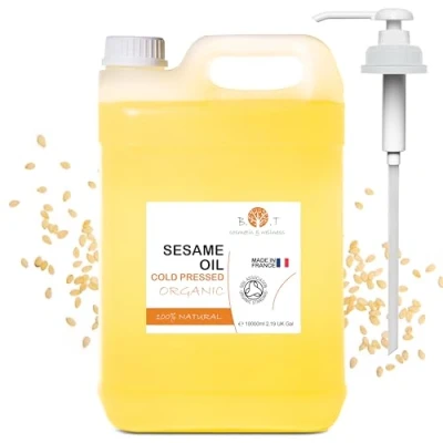 Abbildung von 100% reines und natürliches Bio Sesamöl, das aus der Kaltpressung von Sesamsamen gewonnen wird. Zertifiziert biologisch. Haut Haarpflege. Ayurveda Massageöl 10000 ml 10 L