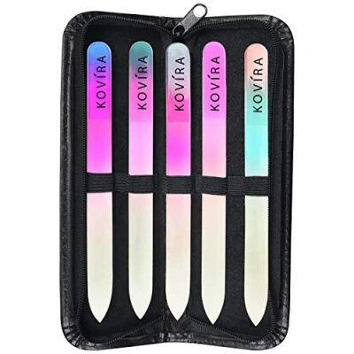 Abbildung von Kovira Nagelfeile aus Glas mit Etui (5 Stück) doppelseitige Glasfeile langlebige Maniküre /Pediküre Set für natürliche und künstliche Nägel professionelle Kristallfeile