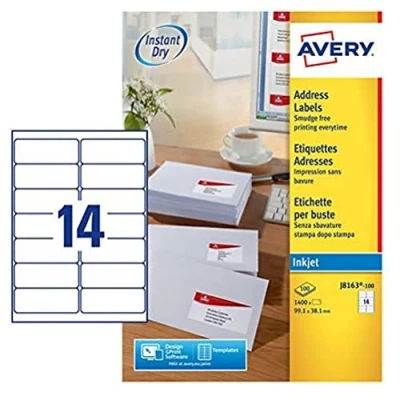 Abbildung von AVERY Zweckform schnelltrocknende Adressetiketten für Tintenstrahldrucker 14 pro Blatt 99,1 x 38,1 mm 1400 Etiketten weiß
