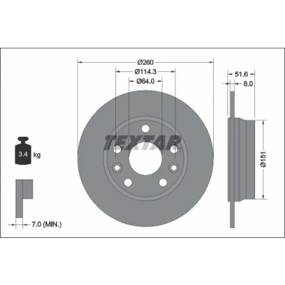 Abbildung von TEXTAR 92337703 Bremsscheibe 260 8 05/07 114,3 voll beschichtet ohne Radlager, Radbefestigungsbolzen, Radnabe RENAULT: Megane 4