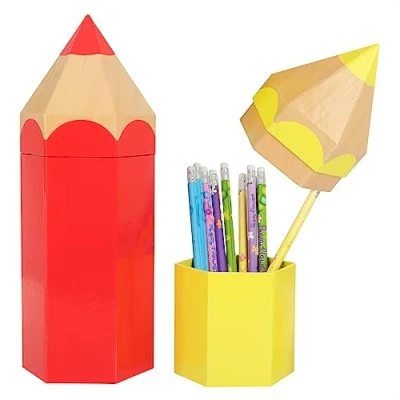 Abbildung von com four® 2X Geschenktasche, Geschenkverpackung für Schulanfänger, Schultüte in Bleistift Form, stabile Pappbox Schulmaterialien zur Einschulung (2 Stück gelb + rot)
