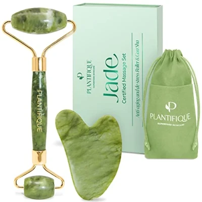 Abbildung von Plantifique Jade Roller &amp; Gua Sha Stein Natürlicher Grüner Massageroller Gesichtsroller aus