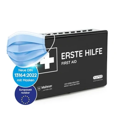 Abbildung von KFZ Verbandkasten 2024 [EUROPAWEIT GÜLTIG] gemäß StVZO aktuelle DIN 13164:2022 ZERTIFIZIERT inkl. 2 med. Gesichtsmasken Erste Hilfe Set/Kasten/Verbandskasten Auto/PKW/Motorrad Schwarz