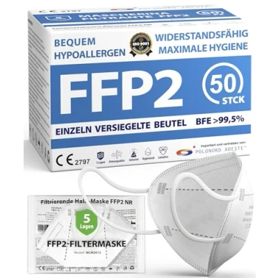 Abbildung von ADESTE 50 FFP2 Masken, hygienische 5 lagige Staubschutzmaske, EN149:2001+A1:2009 Mundschutzmaske EU2016/425, weiß, Atemschutzmaske, Einzelne versiegelte Beutel