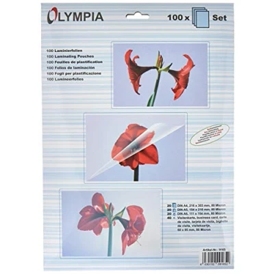 Abbildung von OLYMPIA Laminierfolien Set 80 Mikron DIN A4, A5,A6, Visitenkarte