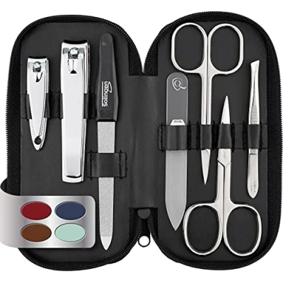Abbildung von marQus Maniküre Set Damen und Herren Solingen Made in Germany 7 Teile mit patenierter Glasfeile für Hand Fußpflege Echt Leder Etui handlich weich