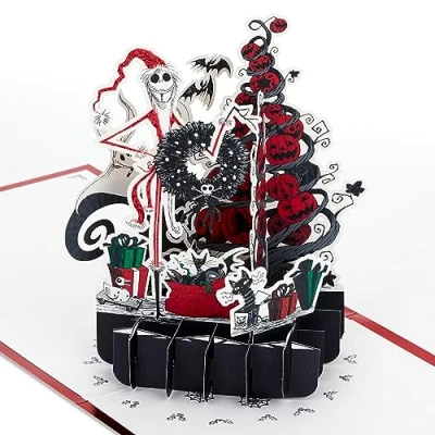 Abbildung von Hallmark Weihnachtskarte, 3D und Pop Up Karte, The Nightmare Before Christmas, Jack Skellington, Zero, Rot, Schwarz