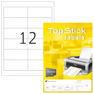 Abbildung von TopStick 8711 Universal Etiketten, 100 Blatt, 97 x 42,3 mm, 12 pro A4 Bogen, 1200 Stück, selbstklebend, bedruckbar, matt, blanko Papier Klebeetiketten Aufkleber, weiß