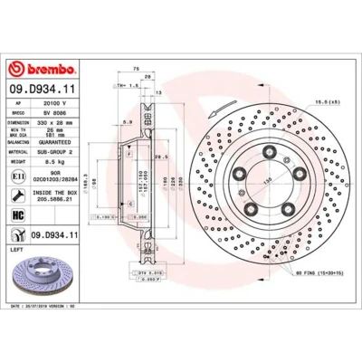 Abbildung von BREMBO 09.D934.11 Bremsscheibe 330 28 5 gelocht/innenbel. beschichtet hochgekohlt mit Schrauben PORSCHE: 911 Convertible