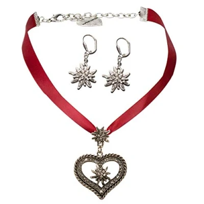 Abbildung von Alpenflüstern Trachtenschmuck Set Satin Trachtenkette Strassedelweissherz und Trachten Ohrhänger Strass Edelweiss Damen Schmuck, Trachtenset Ohrringe rot SET044