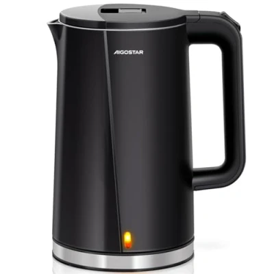 Abbildung von Aigostar Aubery Wasserkocher Edelstahl 1,7 Liter, 2200W, Doppelwand Design Elektrischer Wasserkocher, 360 Sockel, Abschaltautomatik, im modernen Design, BPA frei, Schwarz
